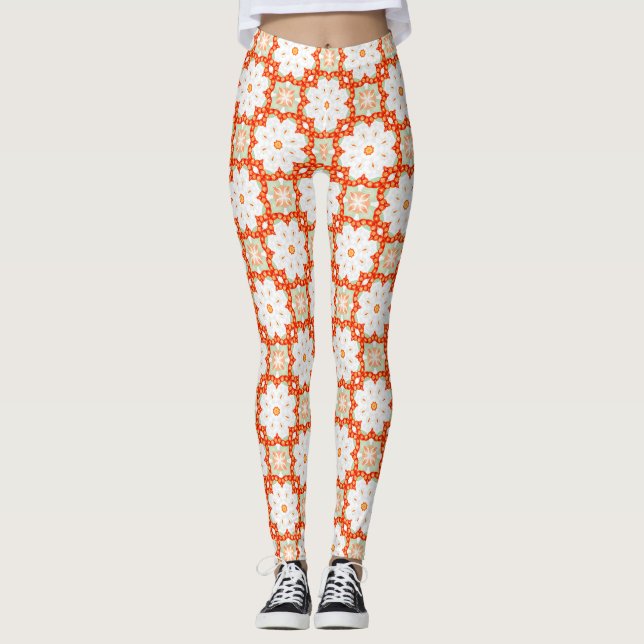 Terracotta Orange & Sage Green Geometric Floral Le Leggings (Front)