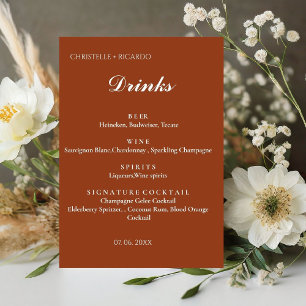 Terracotta orange wedding bar menu,drink wedding pedestal sign