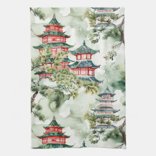 Terracotta Pagoda Architectural Botanical Kitchen Towel