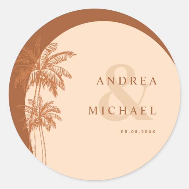 Terracotta Palm Trees & Ampersand Names Wedding Classic Round Sticker (Front)
