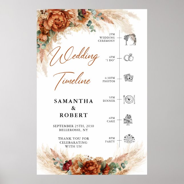 Terracotta pampas burgundy flower wedding Timeline Poster (Front)