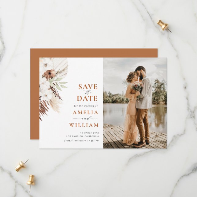 terracotta pampas floral wedding Save the Date (Front/Back In Situ)