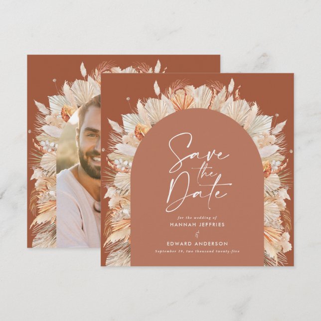 Terracotta pampas grass botanical elegant modern save the date (Front/Back)