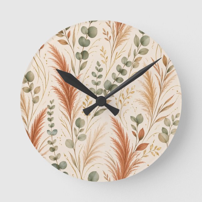 Terracotta Pampas Grass Eucalyptus Neutral Boho Round Clock (Front)