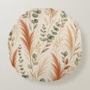 Terracotta Pampas Grass Eucalyptus Neutral Boho Round Pillow
