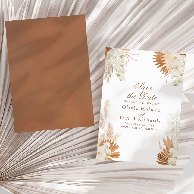 Terracotta Pampas Grass Floral Boho Save the Date  (Boho Terracotta Pampas Grass Floral Wedding Save The Date on a sunny neutral dry palm leaf.)