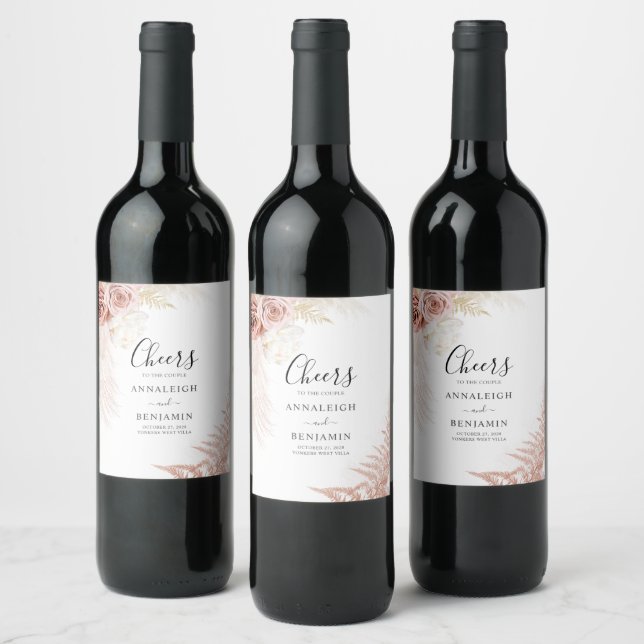 Terracotta Pampas Grass Floral Wedding Wine Label (Bottles)