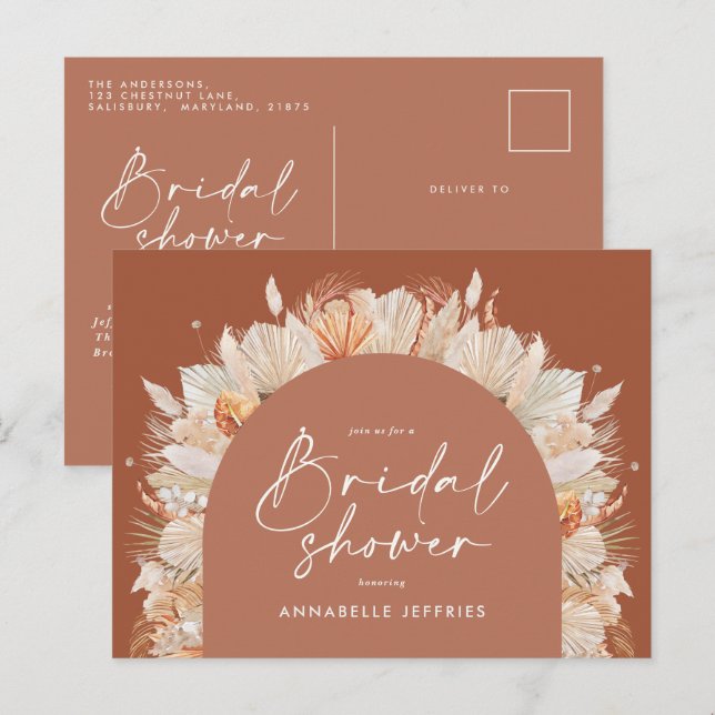 Terracotta pampas grass modern bridal shower chic  invitation postcard (Front/Back)