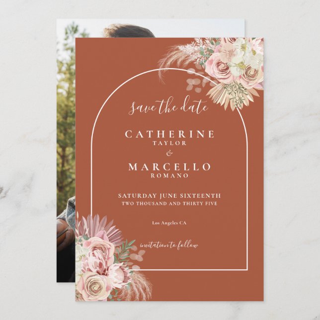 Terracotta Pampas Grass Photo Wedding Save The Date (Front/Back)