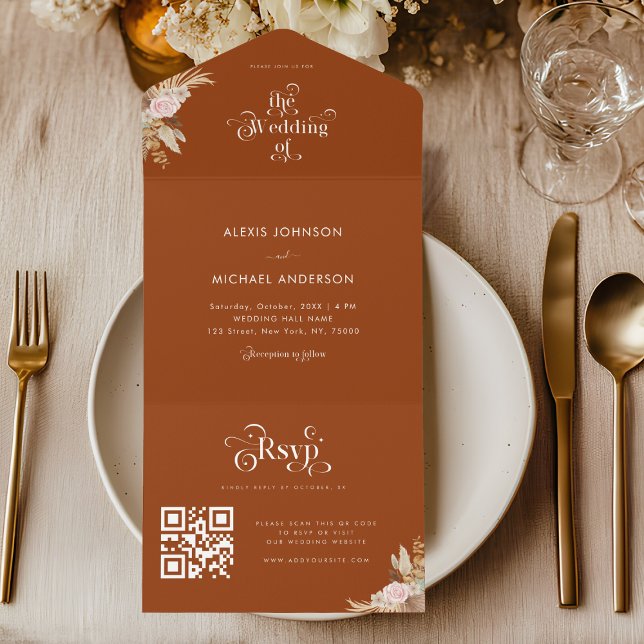 Terracotta Pampas Grass QR Code Wedding Foldable All In One Invitation (Creator Uploaded)