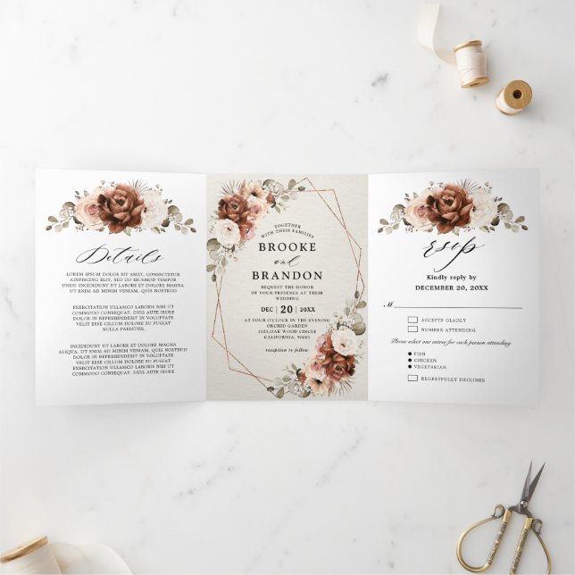 Terracotta Pampas Grass Rustic Geometric Wedding T Tri-Fold Programme (Inside)