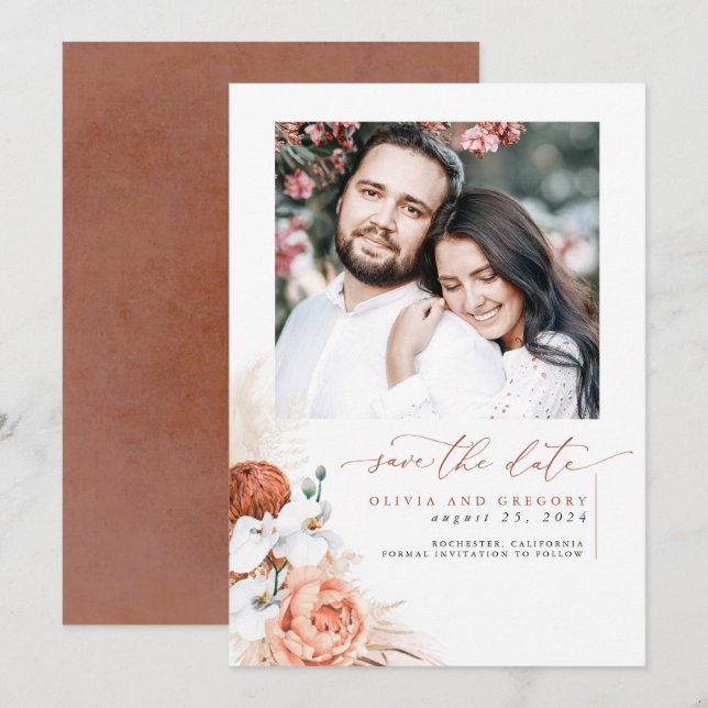 Terracotta Pampas Grass Save The Date Photo (Front/Back)