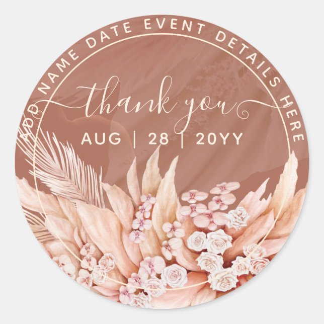 Terracotta Pampas Grass Thank You Favour Classic Round Sticker (Front)