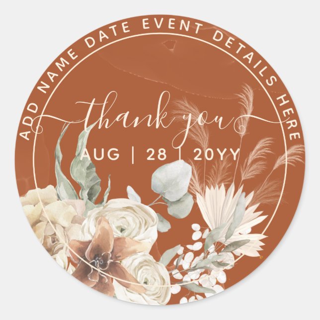 Terracotta Pampas Grass Thank You Favour Classic Round Sticker (Front)