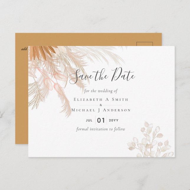 Terracotta Pampas Grass Tropical Wedding Postcard (Front/Back)