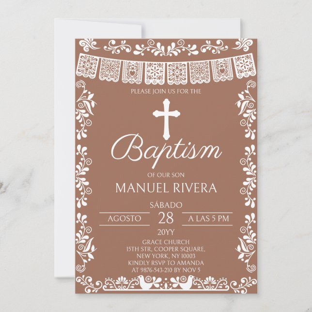 Terracotta Papel Picado Baptism Invitation (Front)