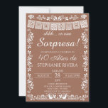 Terracotta Papel Picado Surprise 40th Birthday Invitation<br><div class="desc">Elegant Spanish-language surprise birthday invitation featuring delicate white papel picado banner details on a warm terracotta background. Inspired by traditional Mexican décor, this refined design blends cultural charm with timeless sophistication. Perfect for a surprise 40th birthday celebration, this invitation showcases graceful script typography framed by intricate ornamental flourishes. The warm...</div>