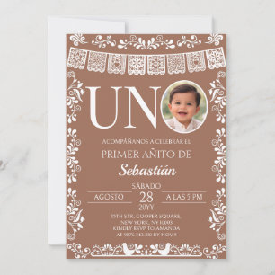 Terracotta Papel Picado UNO Photo First Birthday Invitation