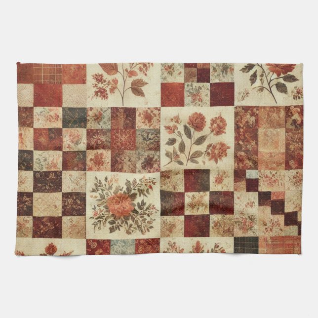 Terracotta Patchwork and Quilt Rustic Floral  Kitchen Towel (Horizontal)