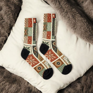 Terracotta Patchwork Quilt Pattern Retro Floral  Socks