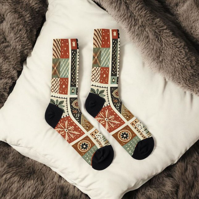 Terracotta Patchwork Quilt Pattern Retro Floral  Socks (Creator Uploaded)