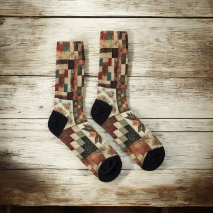 Terracotta Patchwork Quilt Pattern Retro Floral  Socks