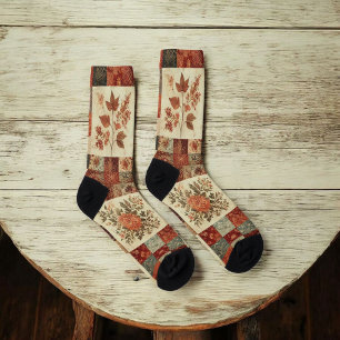 Terracotta Patchwork Quilt Pattern Retro Floral  Socks