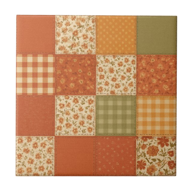 Terracotta Patchwork Quilt Rustic Farmhouse Floral Tile (Front)
