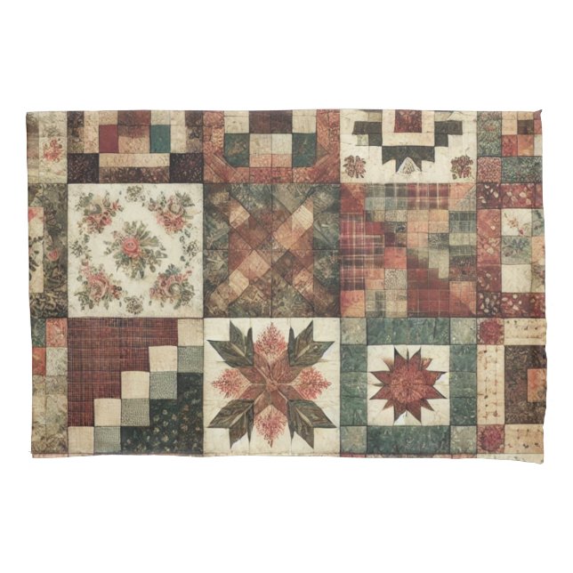 Terracotta Patchwork Quilt Rustic Farmhouse Pillowcase (Front)
