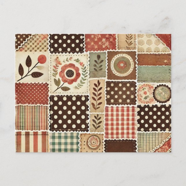 Terracotta Patchwork Quilt Rustic Floral Design Postcard (Front)