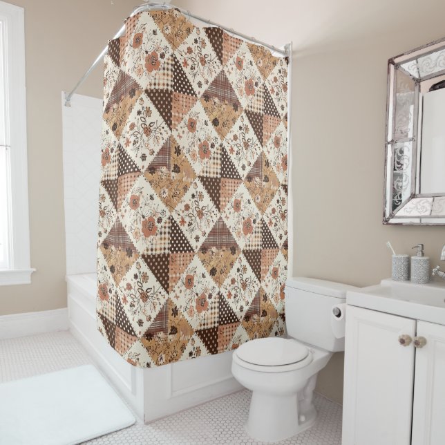 Terracotta Patchwork Quilt Rustic Floral Retro  (In Situ)