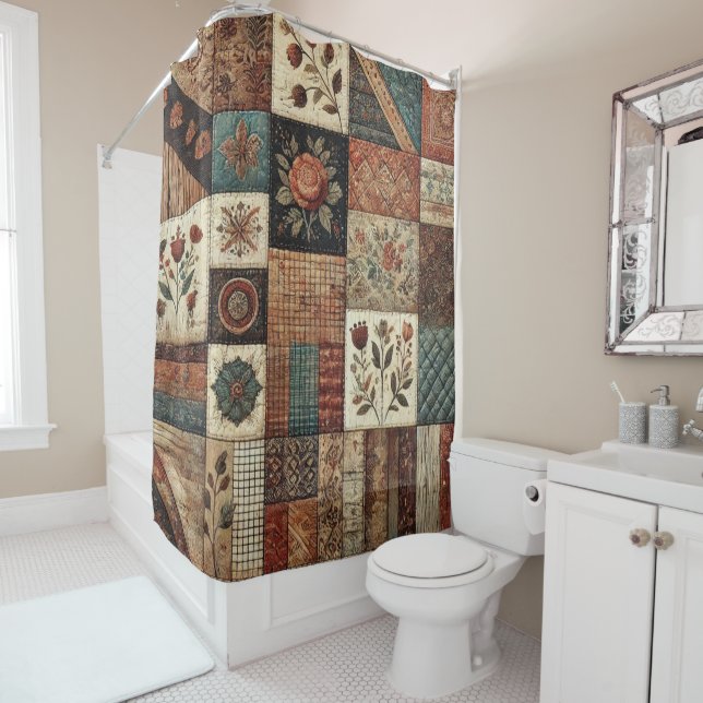 Terracotta Patchwork Quilt Rustic Retro Floral  (In Situ)