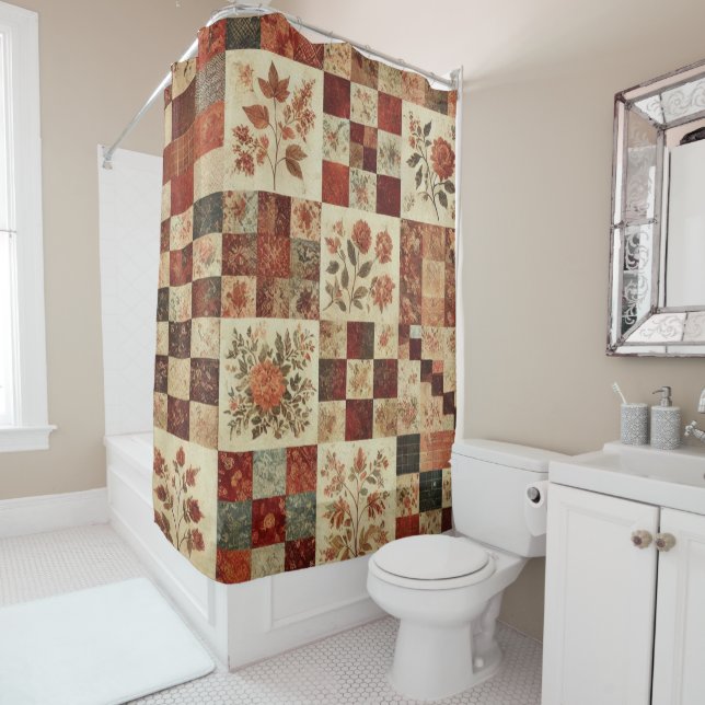 Terracotta Patchwork Quilt Rustic Retro Floral  (In Situ)
