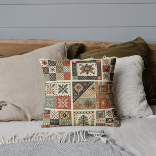 Terracotta Patchwork Quilt Rustic Retro Vintage Throw Pillow