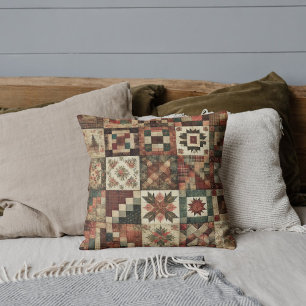 Terracotta Patchwork Quilt Rustic Retro Vintage Throw Pillow