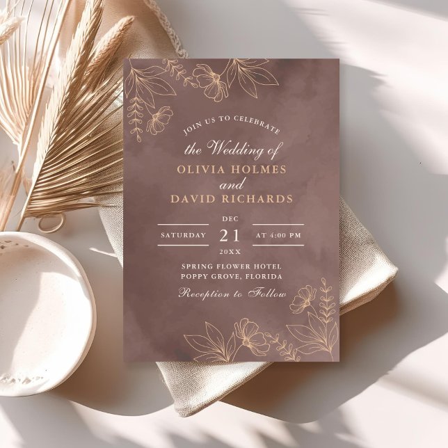 Terracotta Peach Floral Blossom Wedding Invitation (Terracotta Peach Floral Blossom Wedding Invitation on a sunny boho table.)