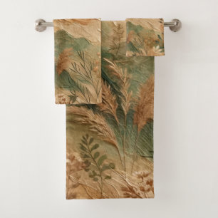 Terracotta Peach Pressed Flowers Bohemian  Bath Towel Set