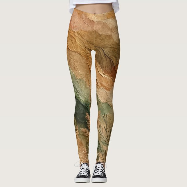 Terracotta Peach Pressed Flowers Bohemian  Leggings (Front)
