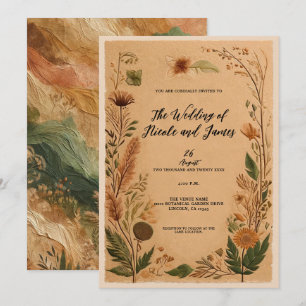 Terracotta Peach Pressed Flowers Boho Wedding Invitation