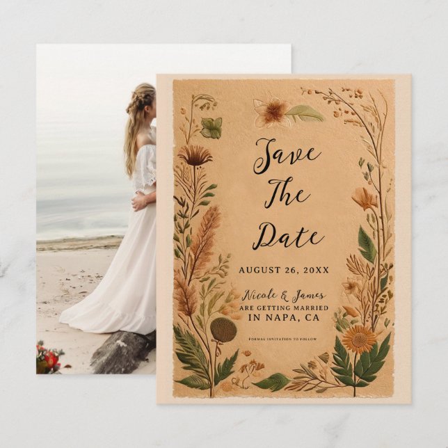Terracotta Peach Pressed Flowers Boho Wedding  Invitation (Front/Back)