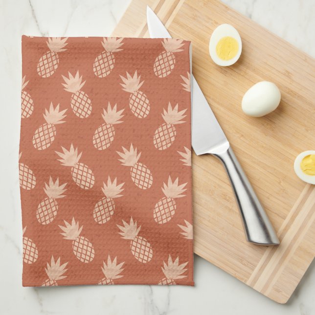 Terracotta & Peach Tropical Pineapple Pattern Kitchen Towel (Quarter Fold)