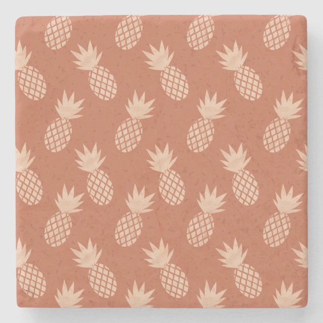 Terracotta & Peach Tropical Pineapple Pattern Stone Coaster (Front)