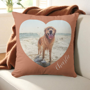 Terracotta Pet Heart Photo Script Personalized Dog Throw Pillow