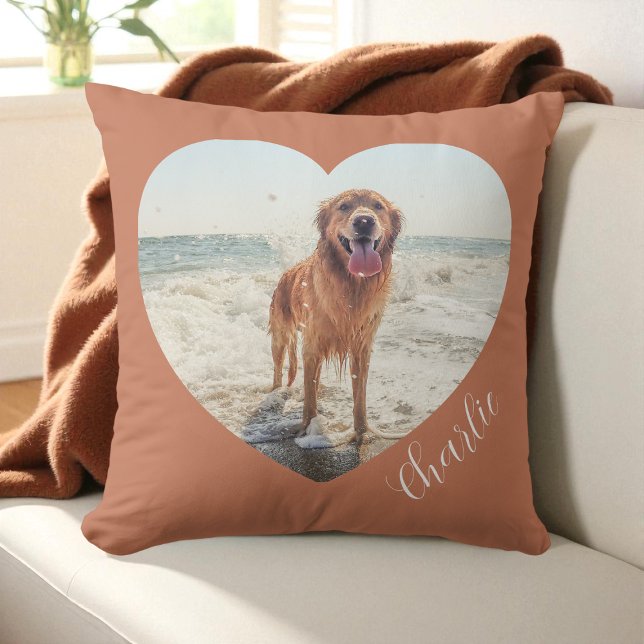 Terracotta Pet Heart Photo Script Personalized Dog Throw Pillow (Terracotta Pet Heart Photo Script Personalized Dog Throw Pillow)