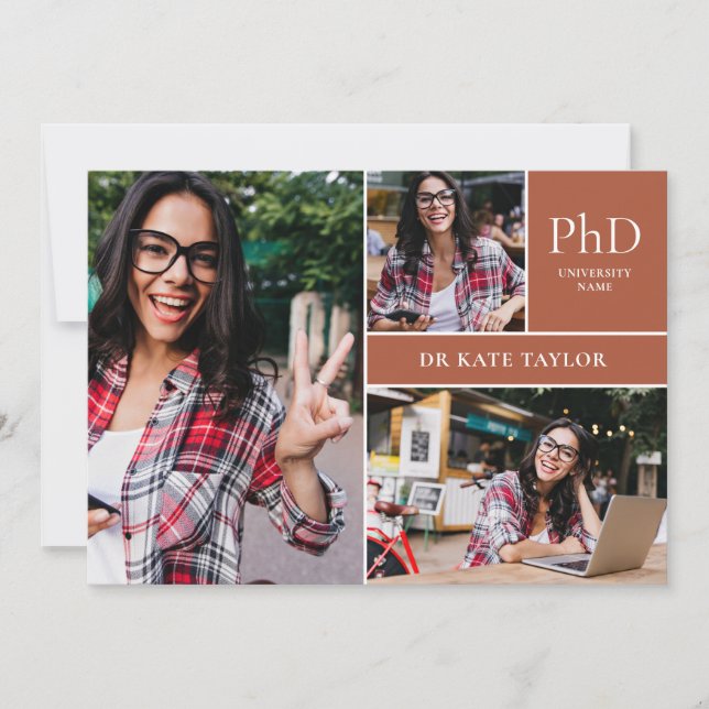 Terracotta PhD Degree 3 Photo Graduation Party Invitation (Front)