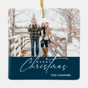 Terracotta Photo Merry Christmas Script Family  Ceramic Ornament