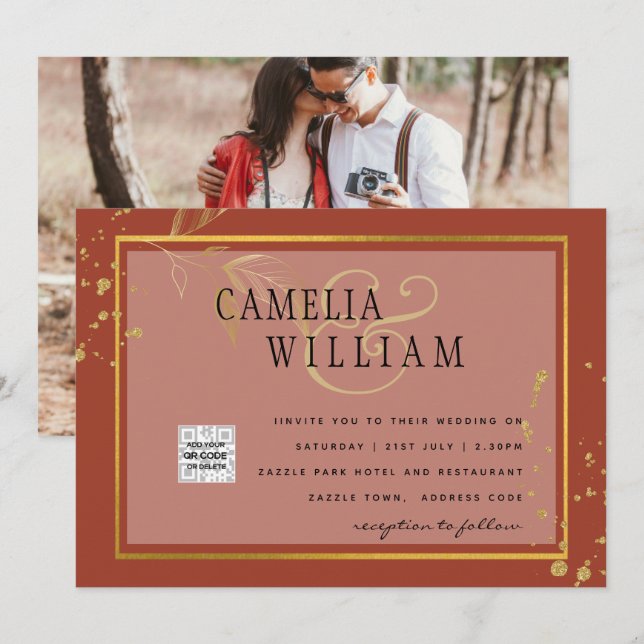 Terracotta PHOTO QR CODE Wedding Invite Save Date (Front/Back)