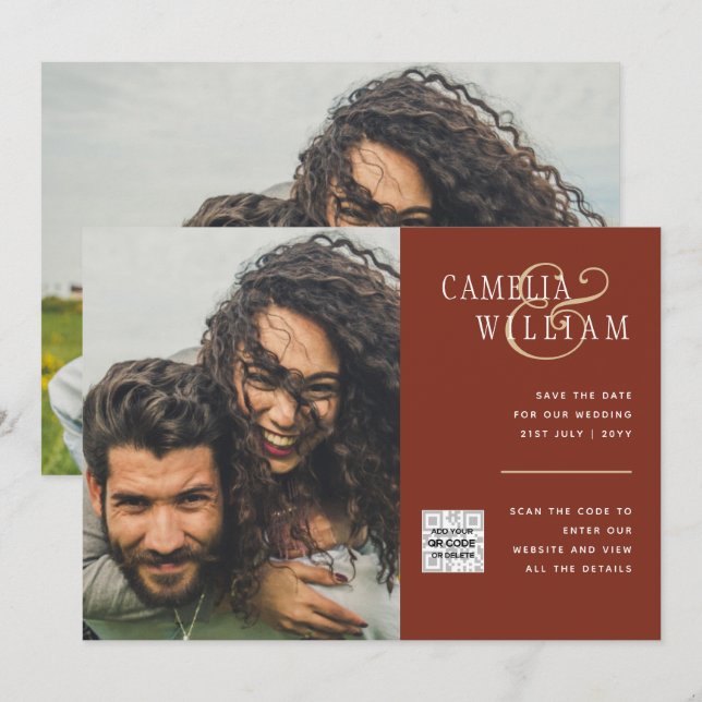 Terracotta PHOTO QR CODE Wedding Invite Save Date (Front/Back)