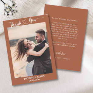 Terracotta Photo Simple Elegant Wedding Script Thank You Card