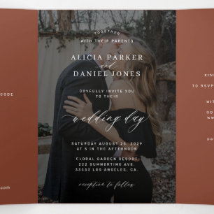 Terracotta photo wedding RSVP details QR code Tri-Fold Invitation